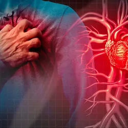 double exposure of a man clutching his chest over the heart, and an image of the cardio vascular system in red, on a black background