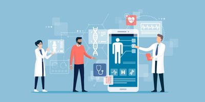 Illustration of a clinical lab professional pointing to a large screen with clinical trial data.
