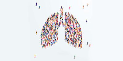 Illustration of an aerial view of several tiny people standing in the shape of human lungs.