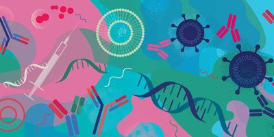 Illustration of cancer nanomedicine particles floating around on a blue background.