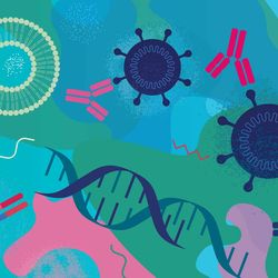 Illustration of cancer nanomedicine particles floating around on a blue background.