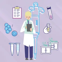 Illustration of a clinical lab professional with lab equipment drawings surrounding them.