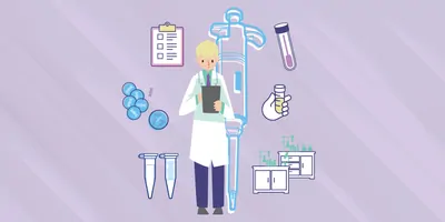Illustration of a clinical lab professional with lab equipment drawings surrounding them.