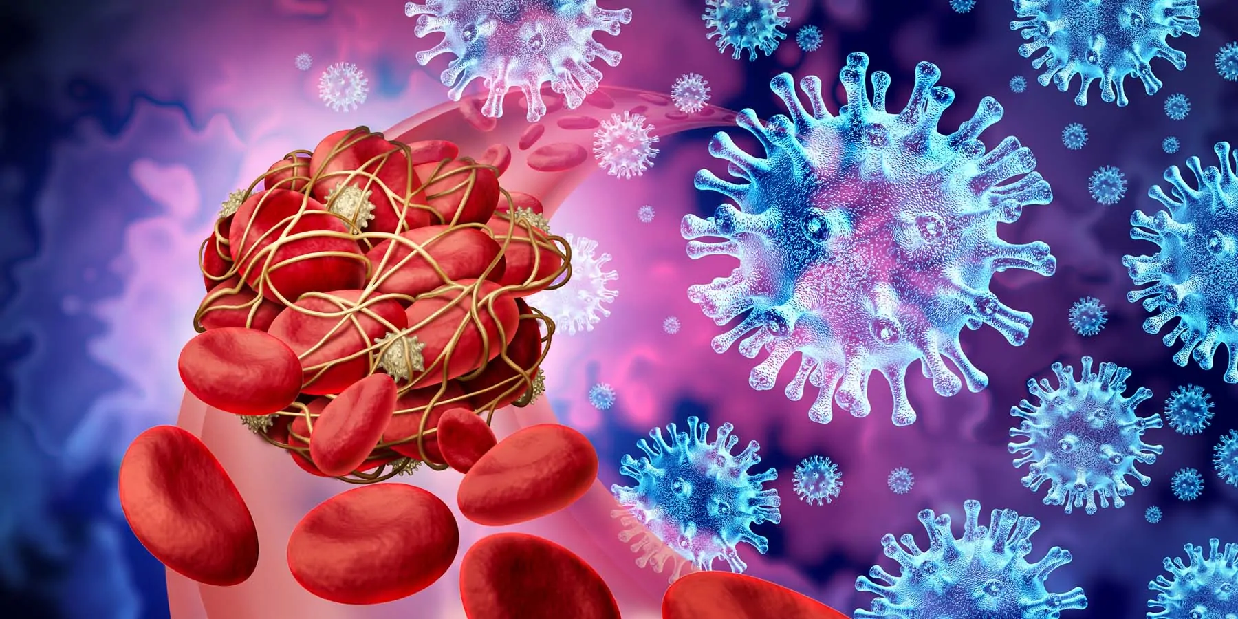 Double exposure of blood clot next to COVID-19 molecules