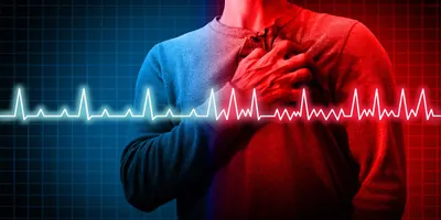 Person clutching chest couble exposed with ECG readout
