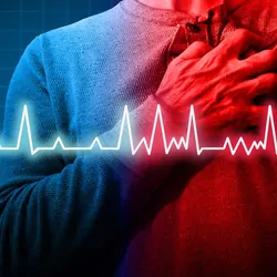 Person clutching chest couble exposed with ECG readout
