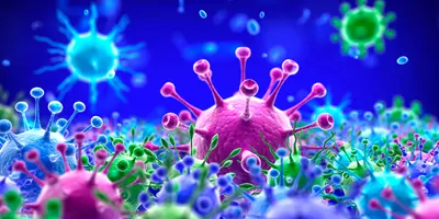 Close up compter image of different COVID-19 variants on a blue background
