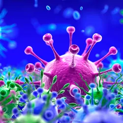 Close up compter image of different COVID-19 variants on a blue background
