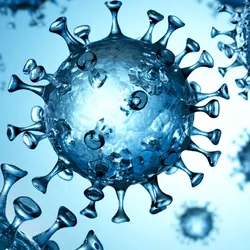 COVID-19 viruses floating on a blue background