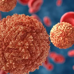 Zika virus floating with blood cells on a blue background