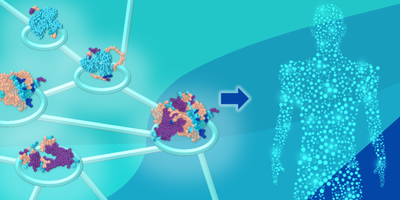 An illustration of proteomics data with an arrow pointing to a person made up of small cells.