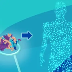 An illustration of proteomics data with an arrow pointing to a person made up of small cells.