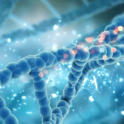 3D render of a medical DNA background used in genomics research.