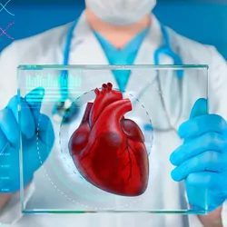 Doctor holding a screen with a human heart on it.