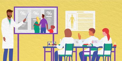 Illustration of a medical classroom being taught to understand risk factors for health care, regardless of race.