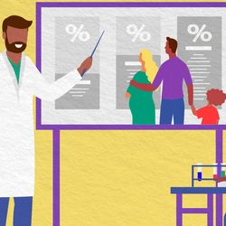 Illustration of a medical classroom being taught to understand risk factors for health care, regardless of race.