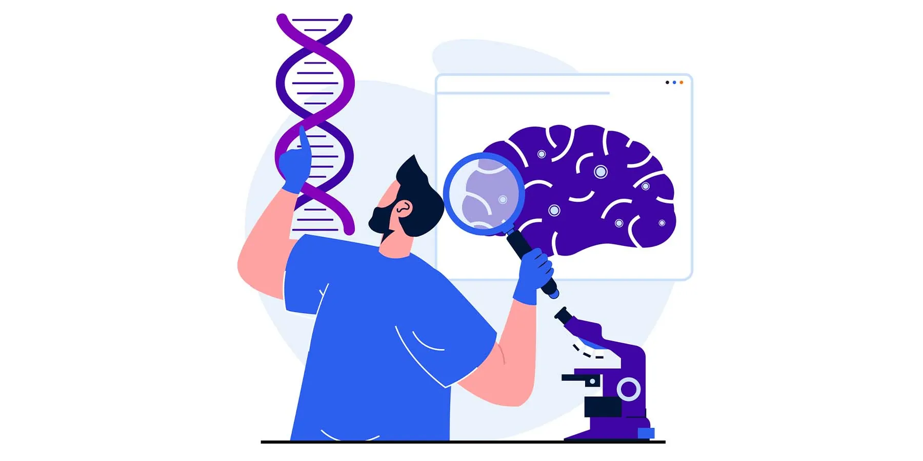 Illustration of a researcher examining genes and the brain. 