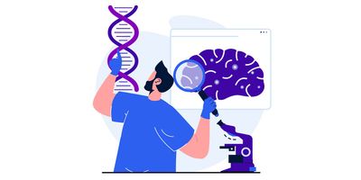 Illustration of a researcher examining genes and the brain. 