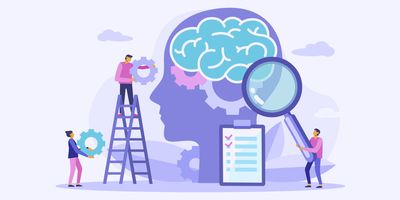 Illustration of a human brain and people working on improving the brain/mental health.