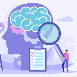 Illustration of a human brain and people working on improving the brain/mental health.