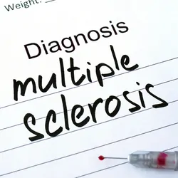 A paper with "Multiple Sclerosis" written on it with a needle and thermometer