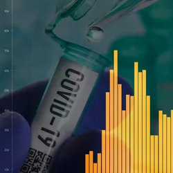 A graph with yellow bars indicating COVID infection rate double exposed over a COVID-19 test