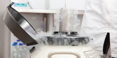 Liquid nitrogen cryogenic tank at clinical biobank laboratory.