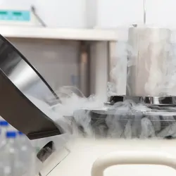 Liquid nitrogen cryogenic tank at clinical biobank laboratory.