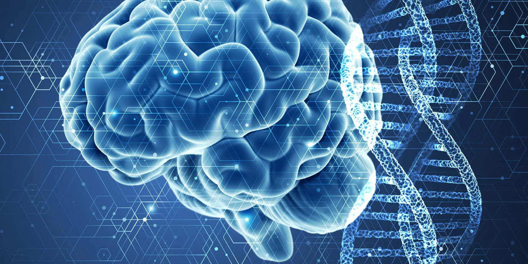 Digital representation of a human brain next to DNA strands on a blue background