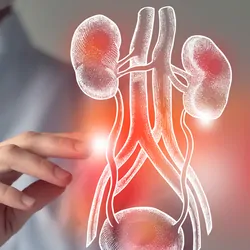Health care professional looking at holographic image of human kidneys and bladder