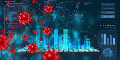 Coronavirus, virus effect to economic business technology impact, 3D New york city and virtual virus, finance economy and business concept