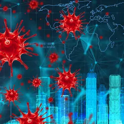 Coronavirus, virus effect to economic business technology impact, 3D New york city and virtual virus, finance economy and business concept