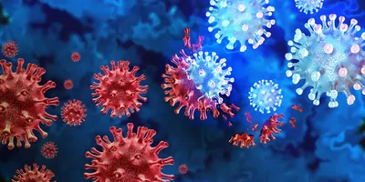 Computer image of a red virus turning into a different, blue virus