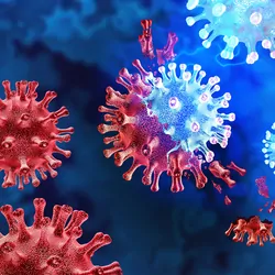 Computer image of a red virus turning into a different, blue virus