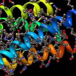 Graphic model of metabolites and proteins on black background