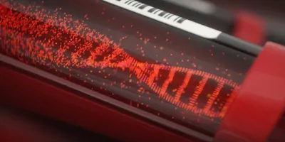 3D illustration, conceptual image. Molecule of DNA forming inside the test tube in the blood test equipment