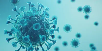 Computer image of a virus floating in a light blue background