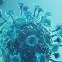 Computer image of a virus floating in a light blue background