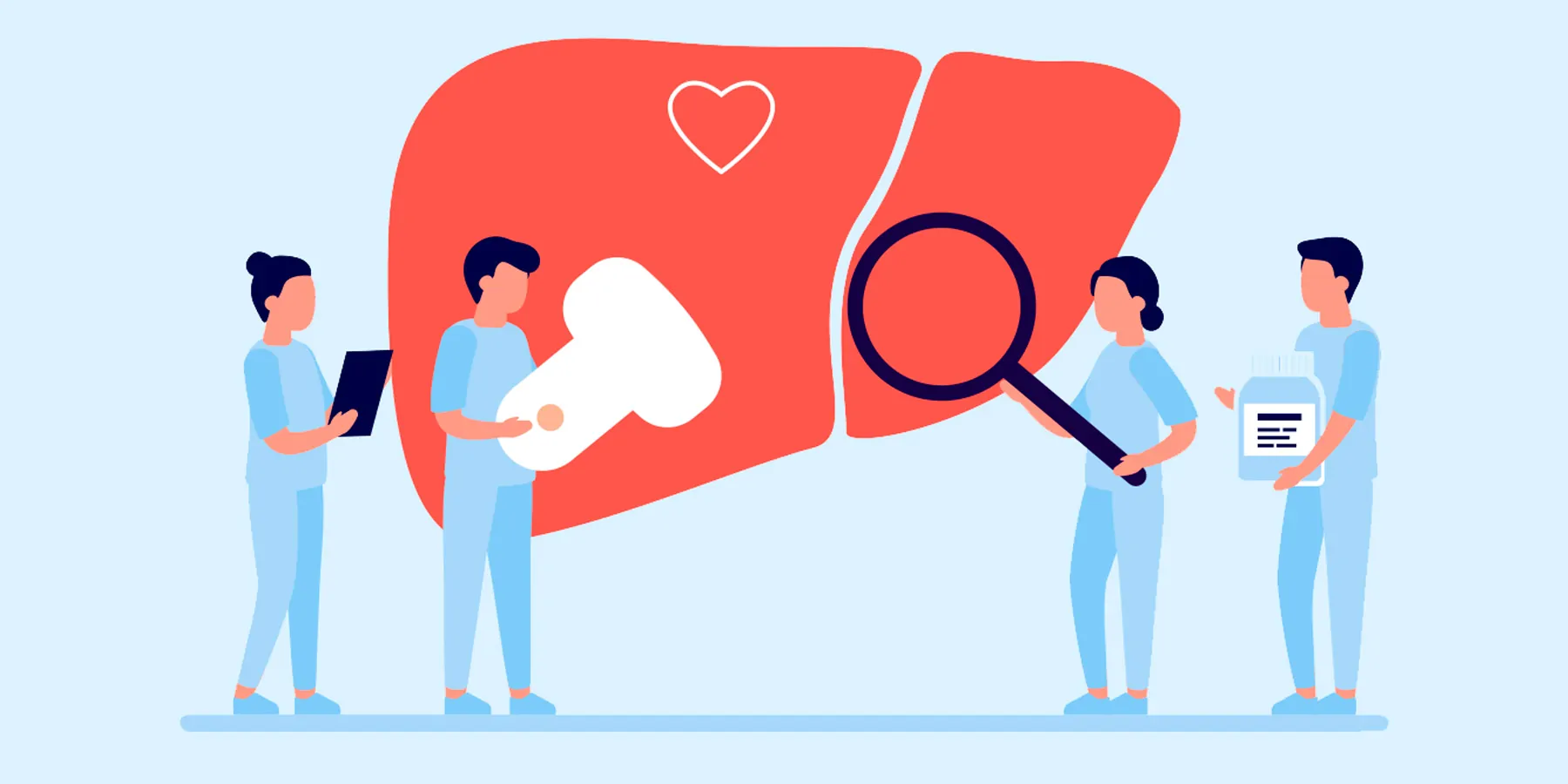 Vector graphic of medical professionals around a liver examining it