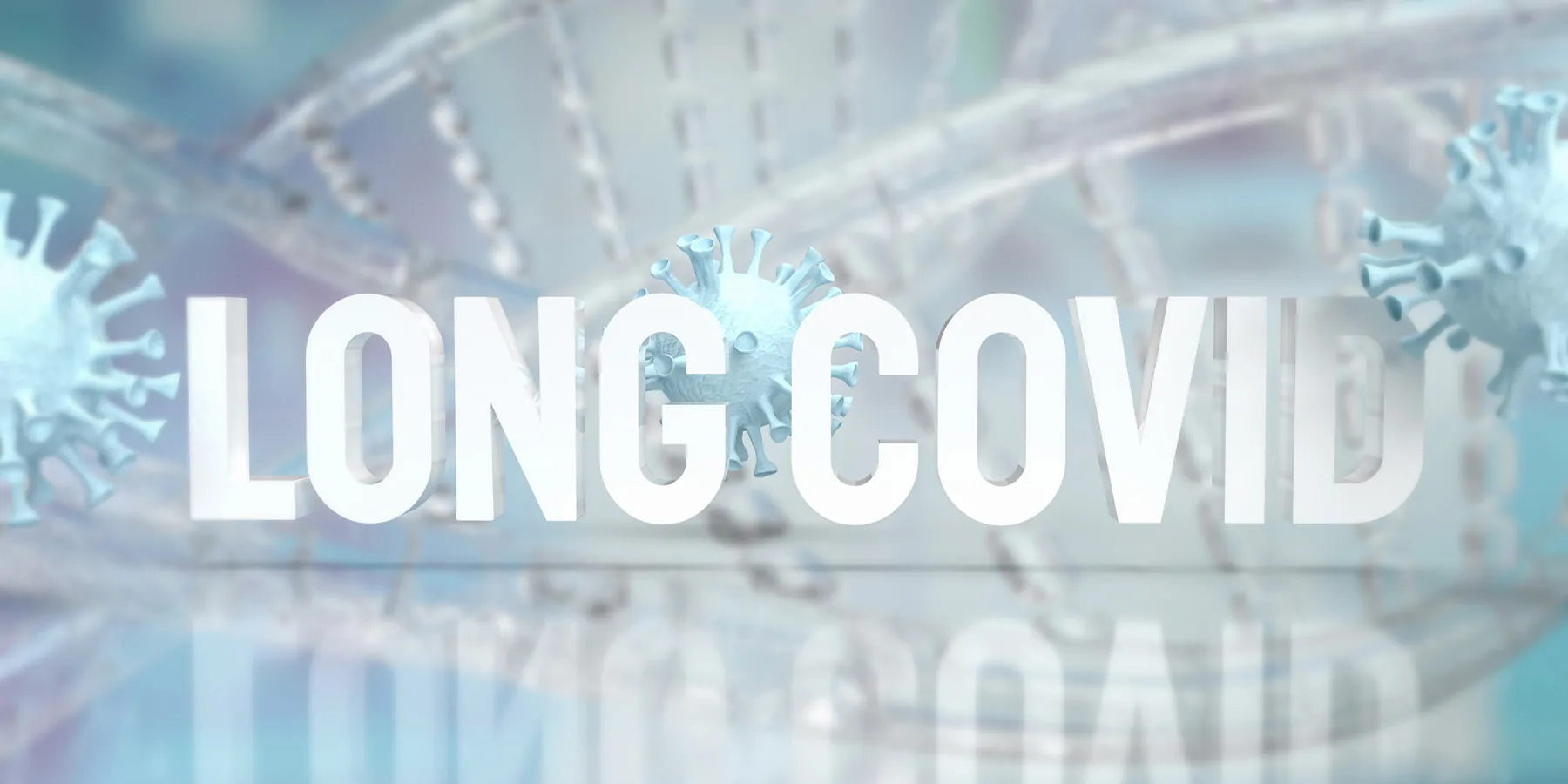 Long covid text and virus for sci or medical concept 3d rendering