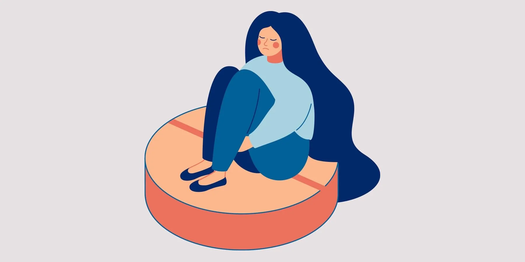 Illustration of a woman sitting sadly on a pill to represent side effects of cancer drugs. 