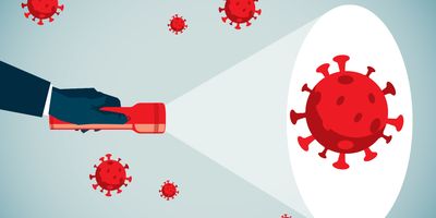 A vector image of someone shining a light on a COVID-19 virus