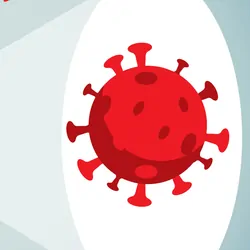 A vector image of someone shining a light on a COVID-19 virus