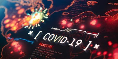 Illustration depicting the COVID-19 virus on a world map.