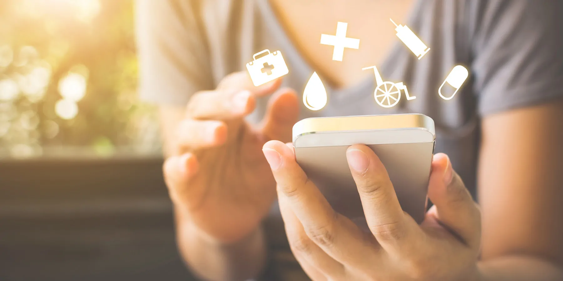 Illustration of a patient holding a smartphone with clinical icons.
