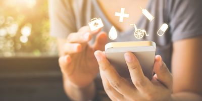 Illustration of a patient holding a smartphone with clinical icons.