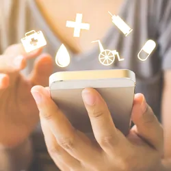 Illustration of a patient holding a smartphone with clinical icons.
