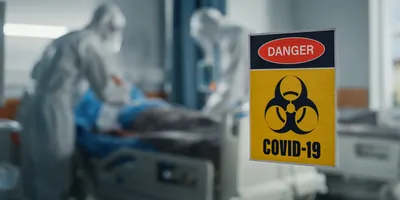 Health care professionals in full PPE working in a COVID-19 ward