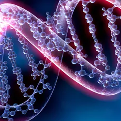 Computer image of a DNA helix on a blue background