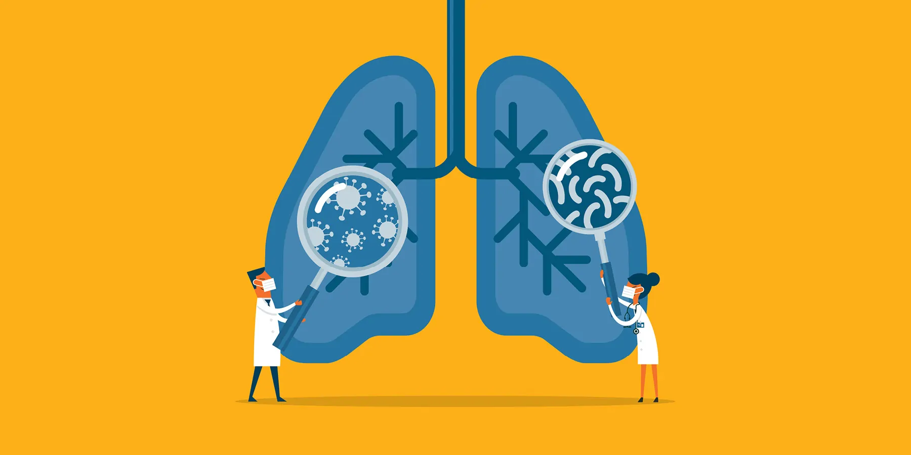 Illustration of clinical researchers examining a diseased lung with bacterial infection, being treated with viruses like bacteriophages, to make the lung healthy again. 
